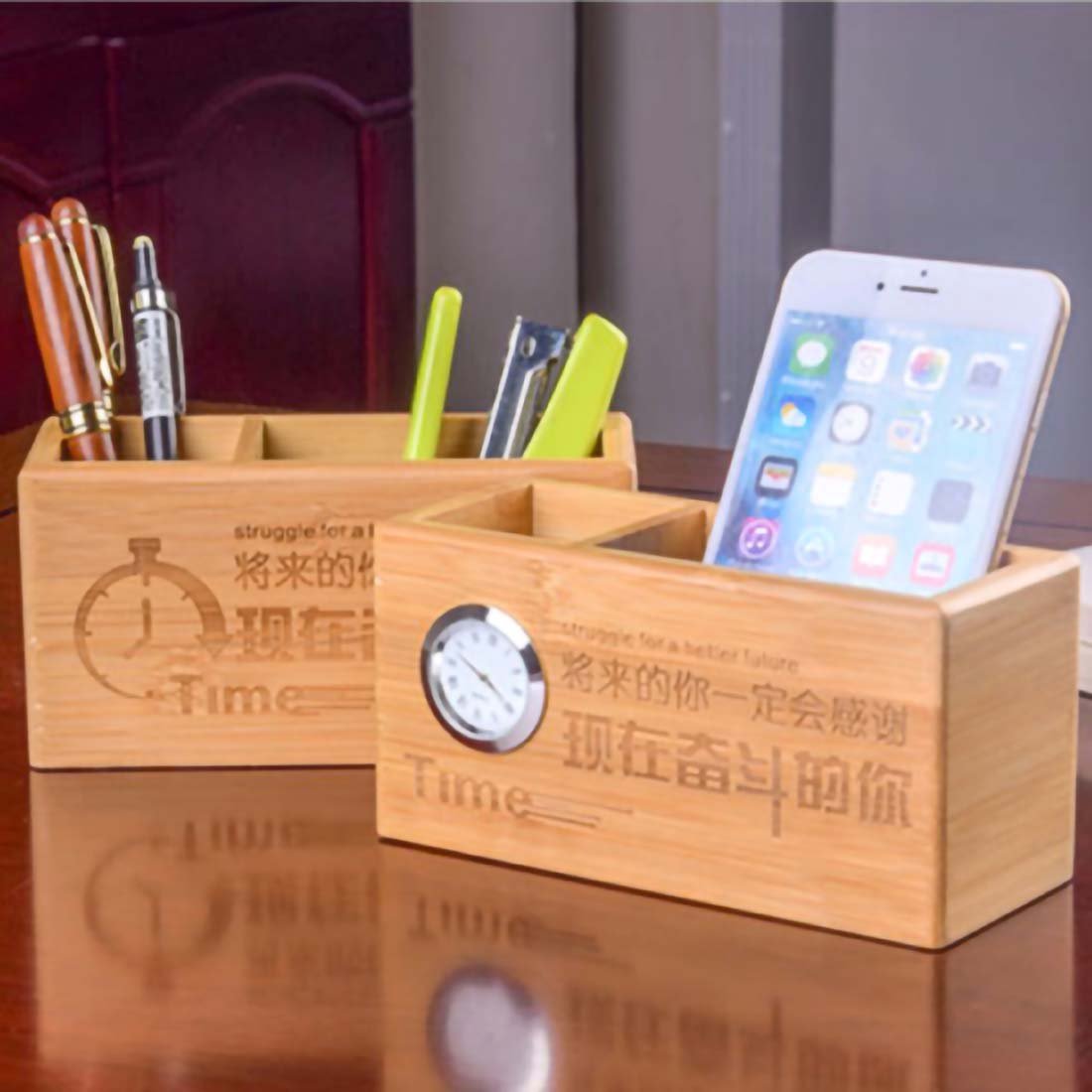 BRAPH 01 - WOODEN PEN STAND CARD HOLDER WITH CLOCK - Image 3